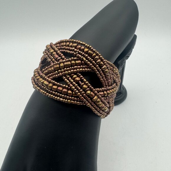 Bronze Beaded Cuff Bracelet By Talbots With Intricate Design 2.5-Inch Diameter - Picture 2 of 5